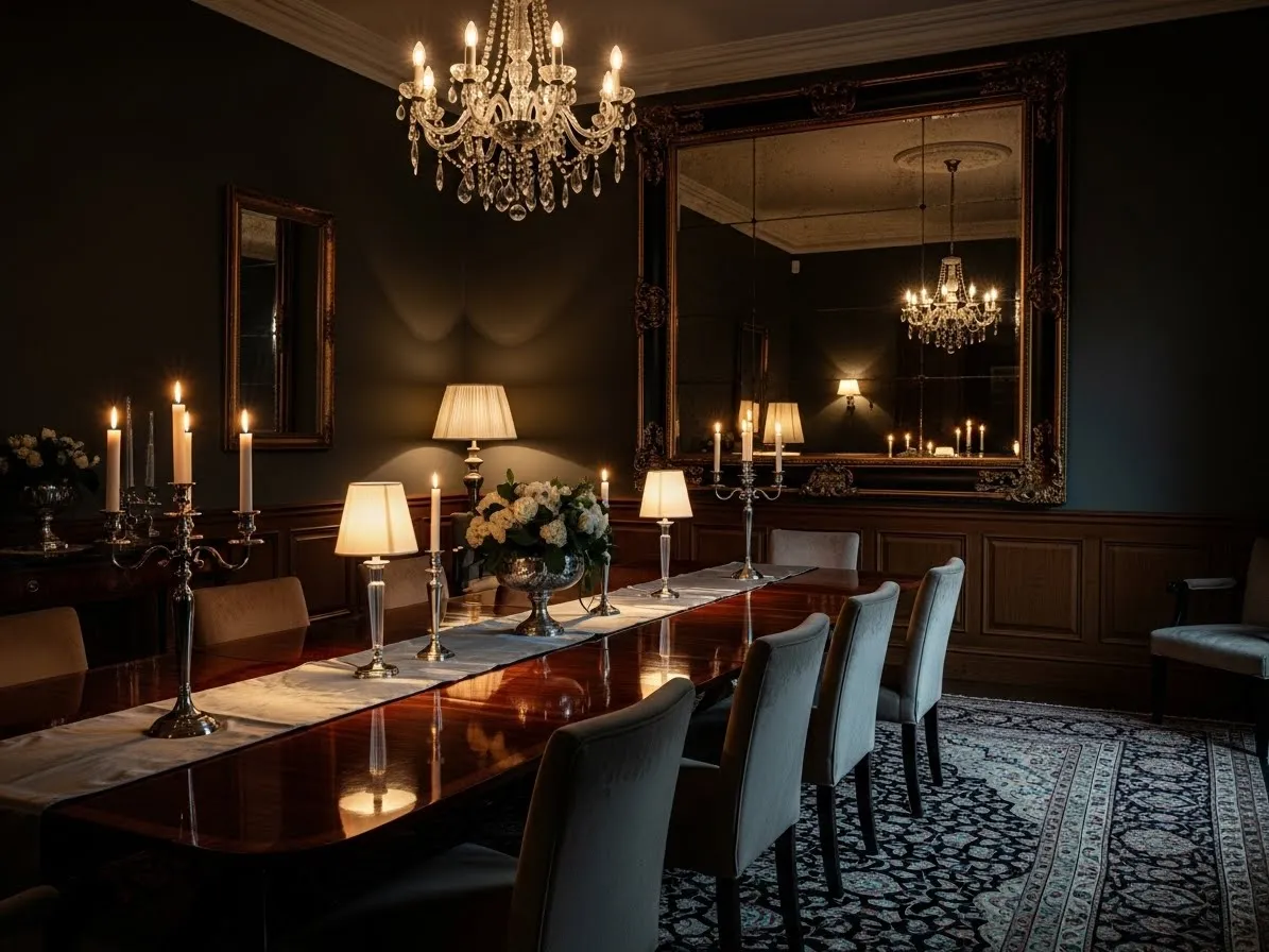 Moody dining room with mirror and warm lighting