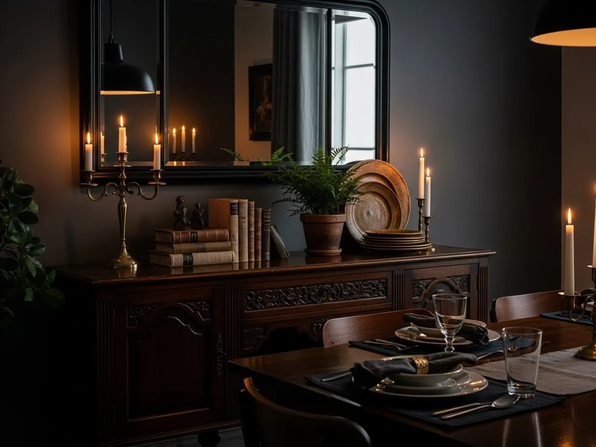 Moody dining room with stylish sideboard and decor