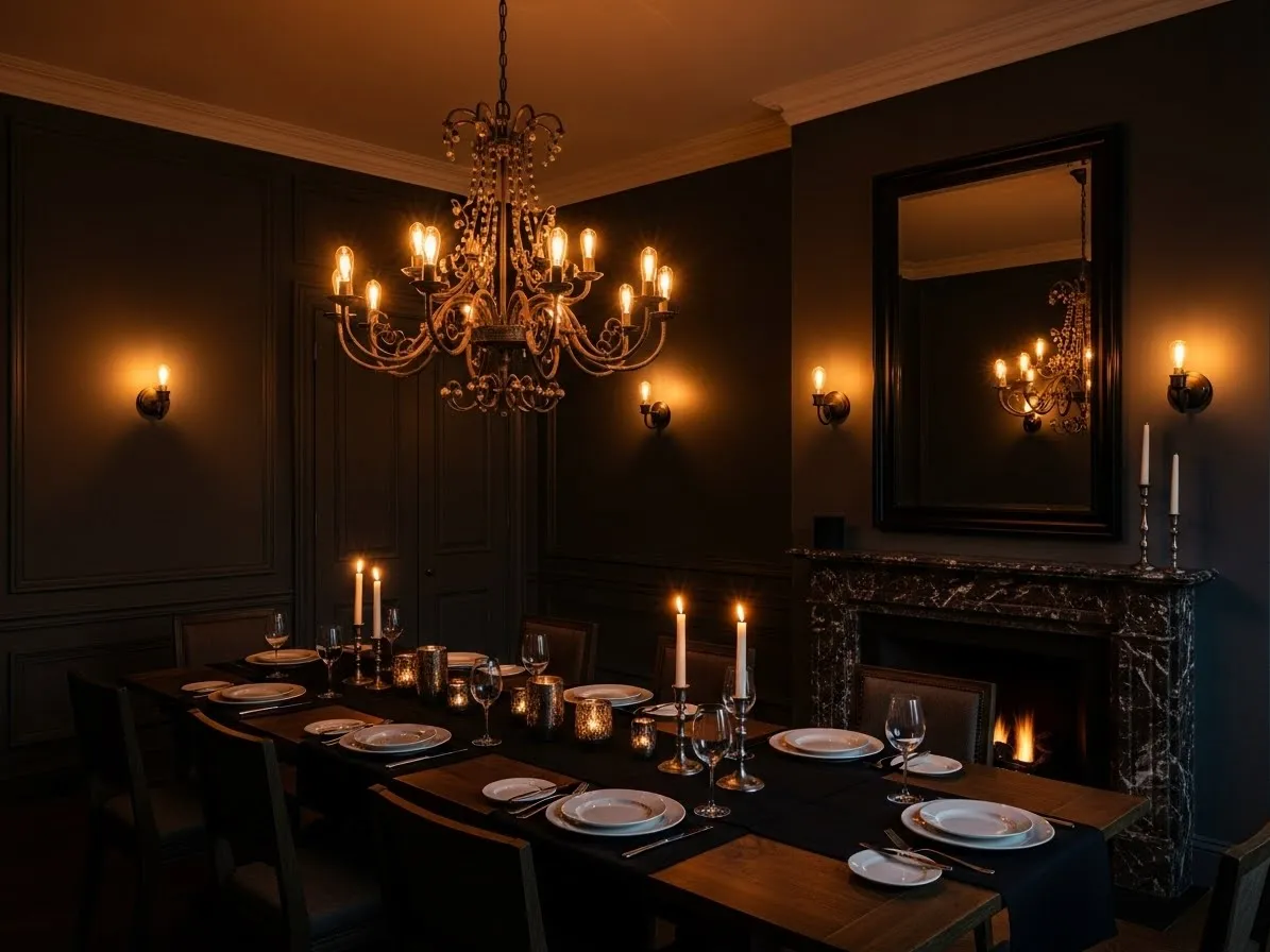 Moody dining room with dark wall paneling and elegant decor