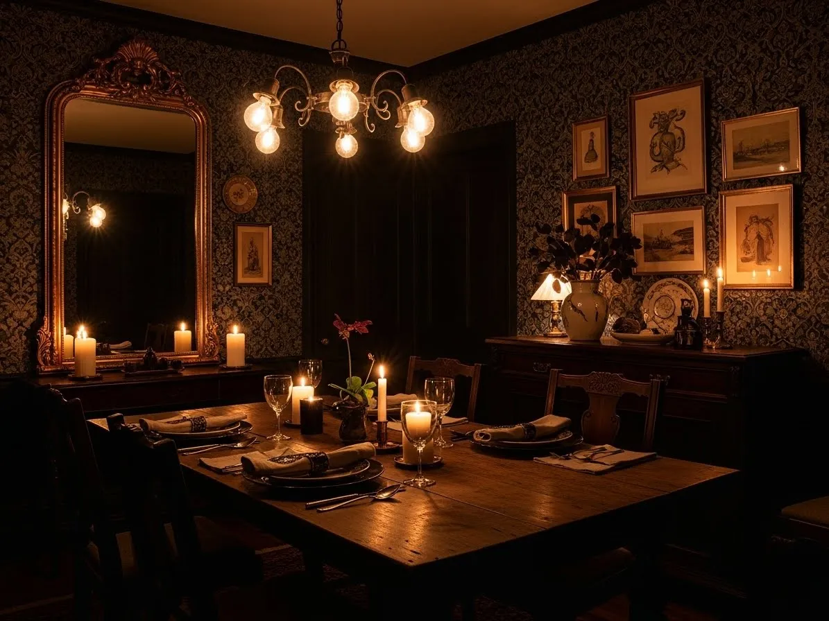 Moody dining room with dark wallpaper and cozy lighting