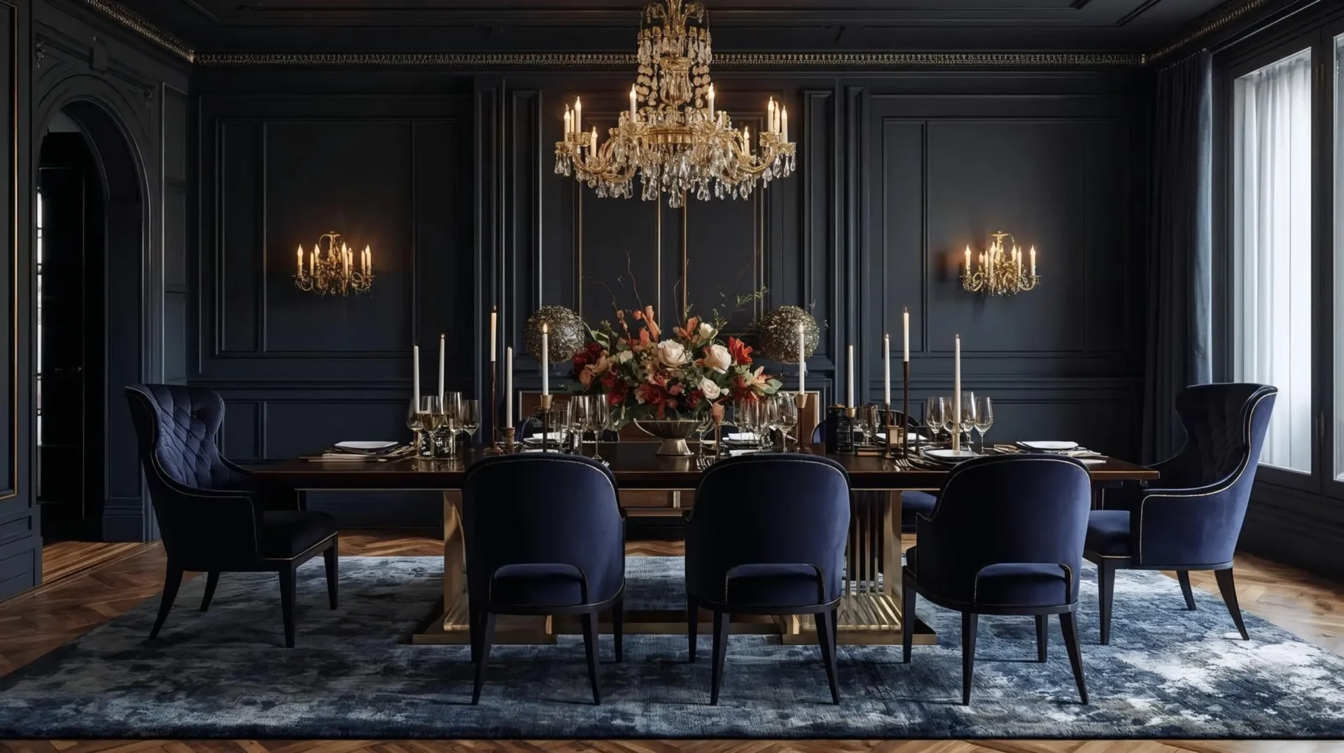 moody dining room with dark navy walls, velvet chairs, crystal chandelier, and gold accents