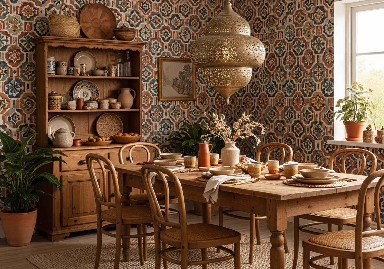 Dining room with Moroccan tile-inspired boho wallpaper