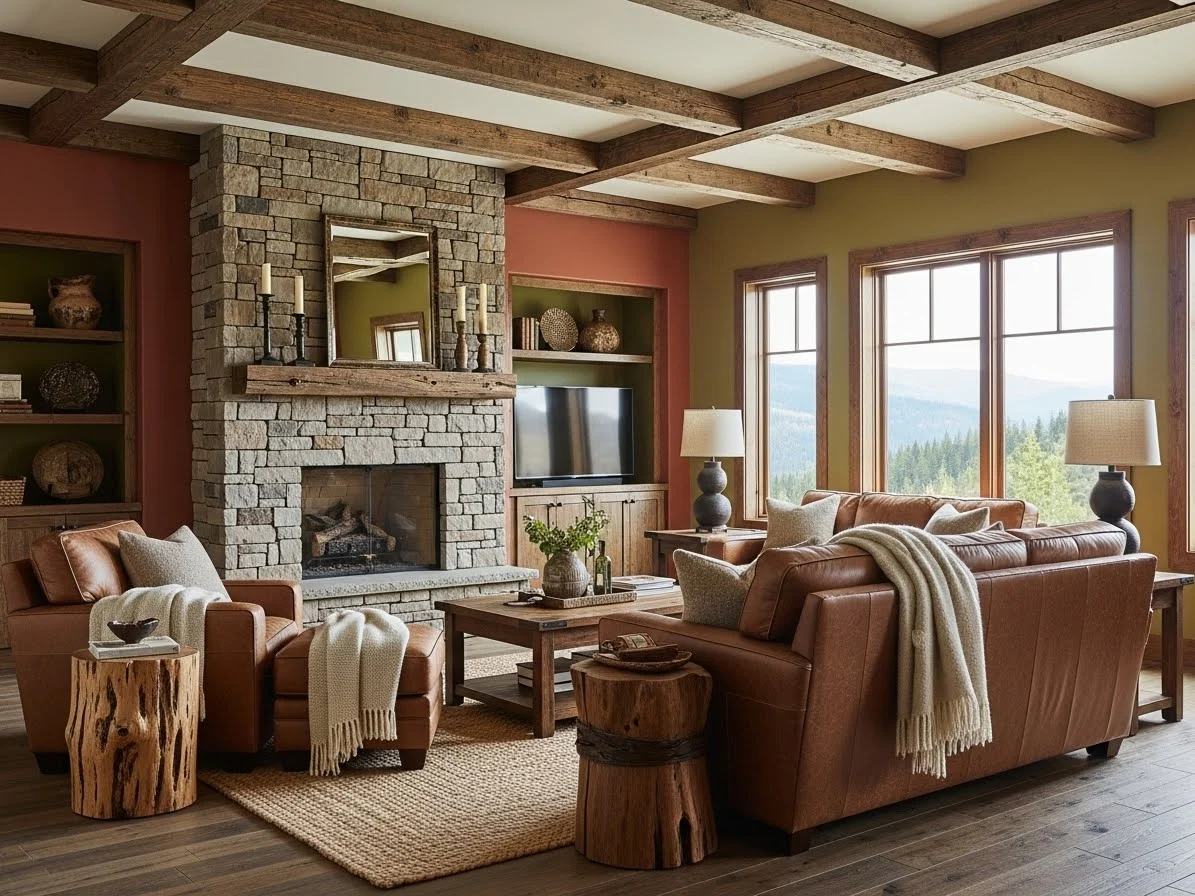 Warm earthy living room with wood accents and cozy mountain retreat style