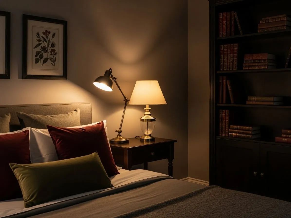 Muted accent colors adding warmth to a dark academia bedroom