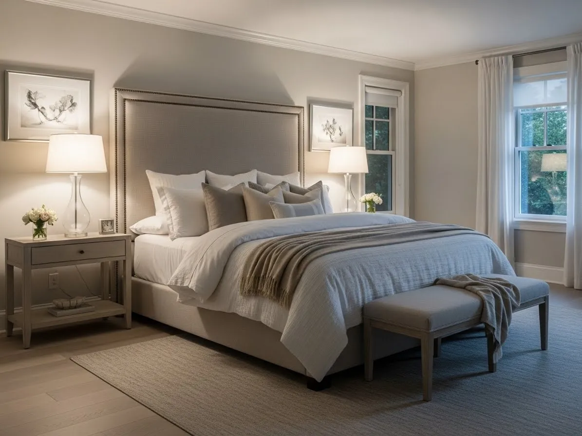 Upholstered headboard with nailhead trim adding classic detail to a bedroom.