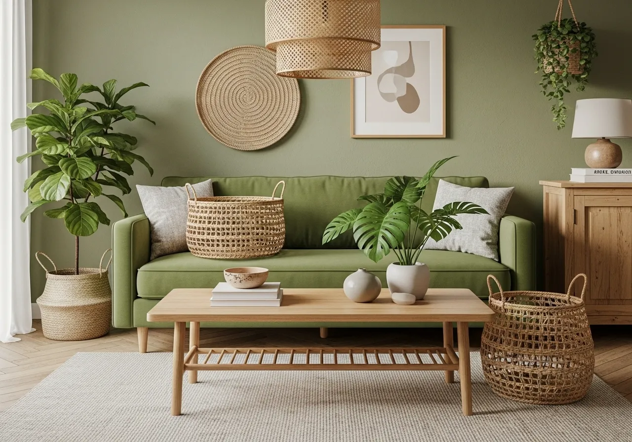 Rustic living-room-with-green-sofa featuring wood and natural textures