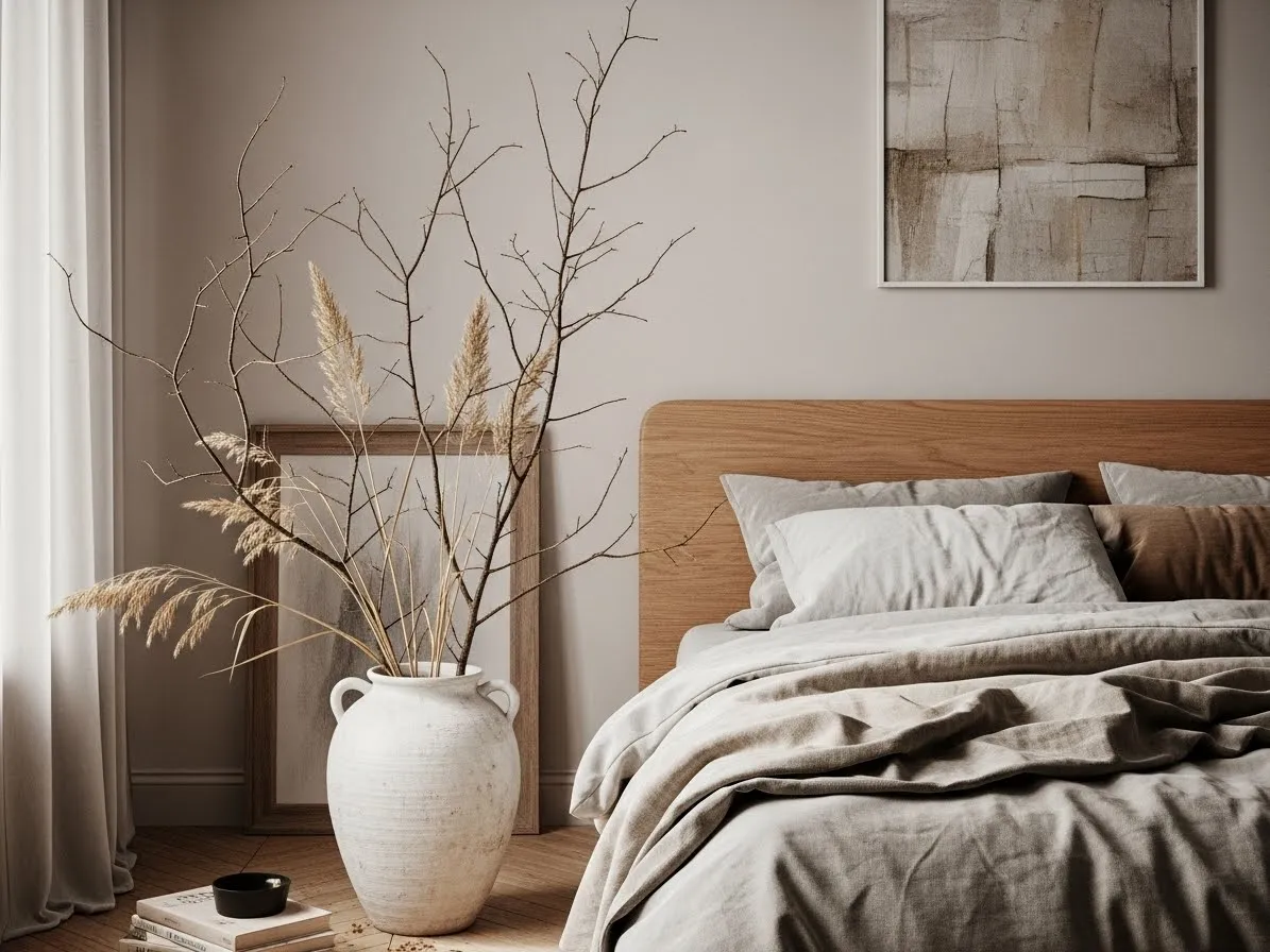 Natural outdoor elements bringing calm into a wabi-sabi bedroom