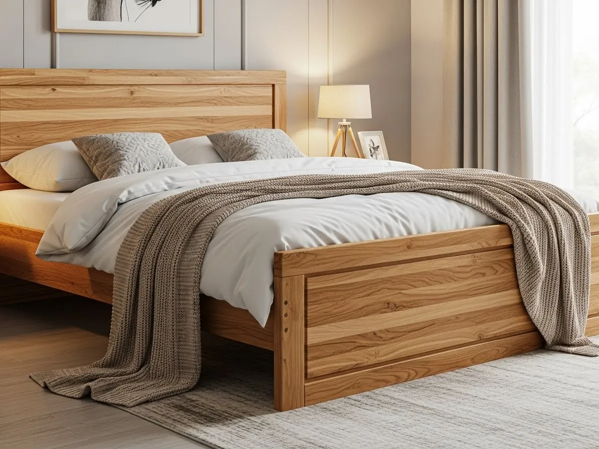 Natural oak bed with visible wood grain and soft white bedding