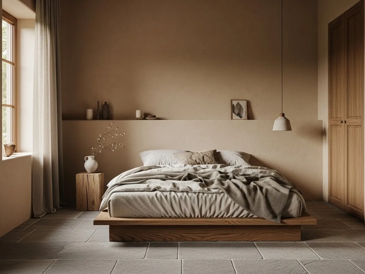 Natural wood bed frame in a warm and minimalist wabi-sabi bedroom