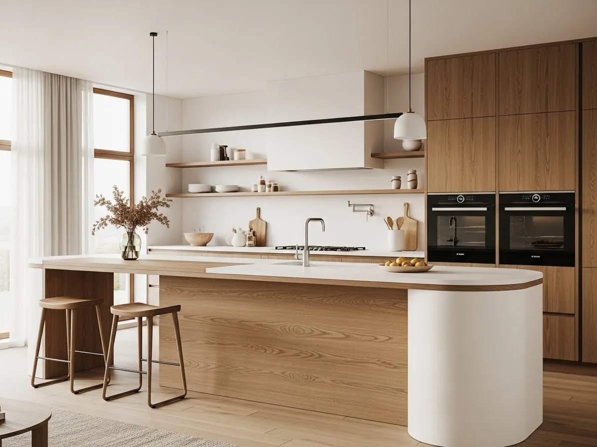 Natural wood curved kitchen island with warm tones in a modern kitchen