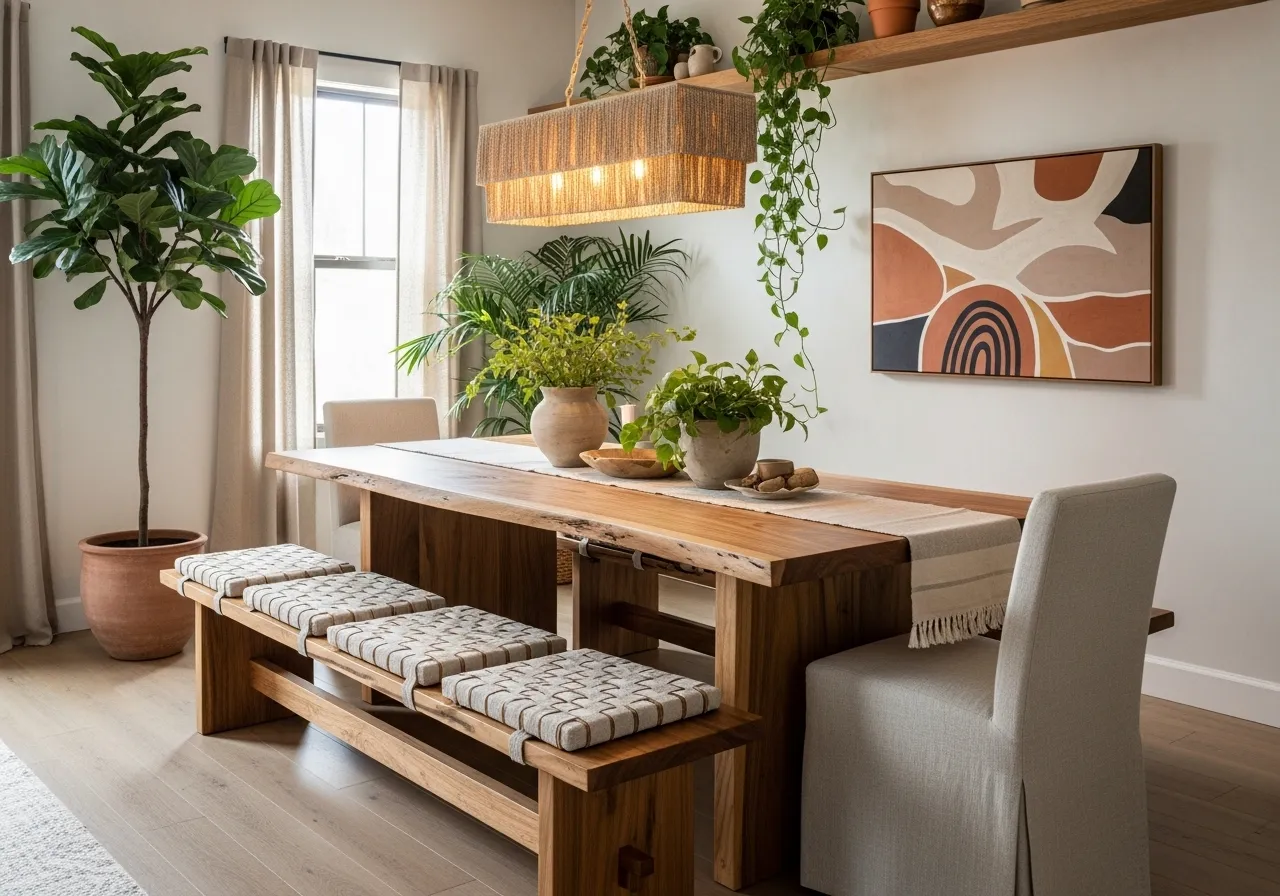 Natural wood dining table with bench inspired by outdoor textures