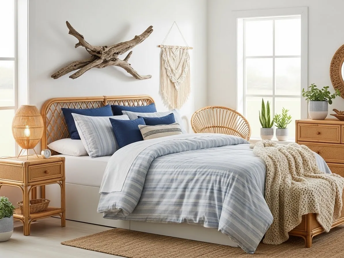 Nautical boho coastal bedroom featuring striped bedding, navy accents, and natural textures”