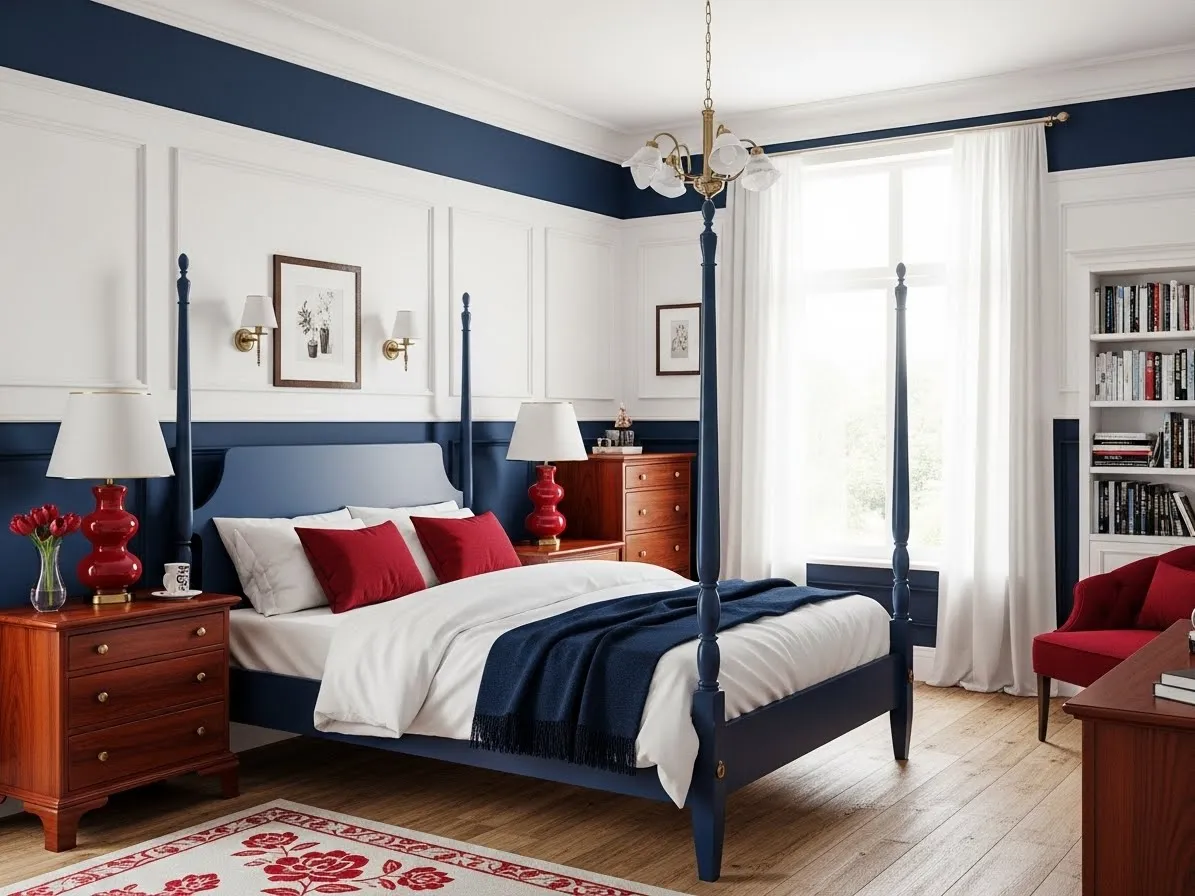 “Navy blue and cherry red bedroom with classic styling and balanced colors for a timeless interior”