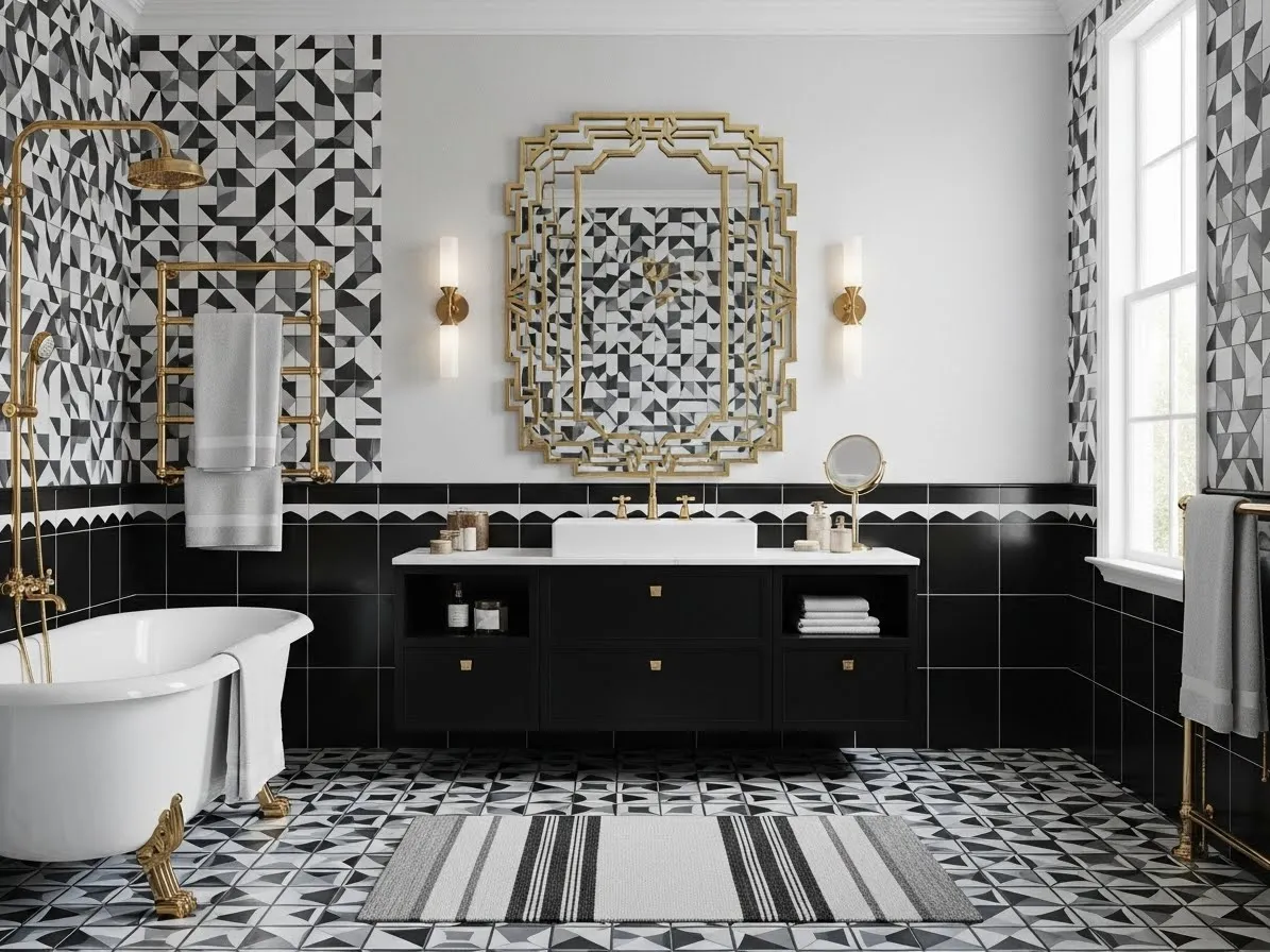 Neo deco bathroom with geometric tiles and brass fixtures