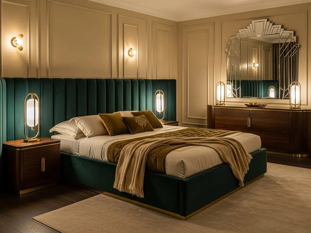 Neo deco bedroom with luxurious fabrics and modern glamour