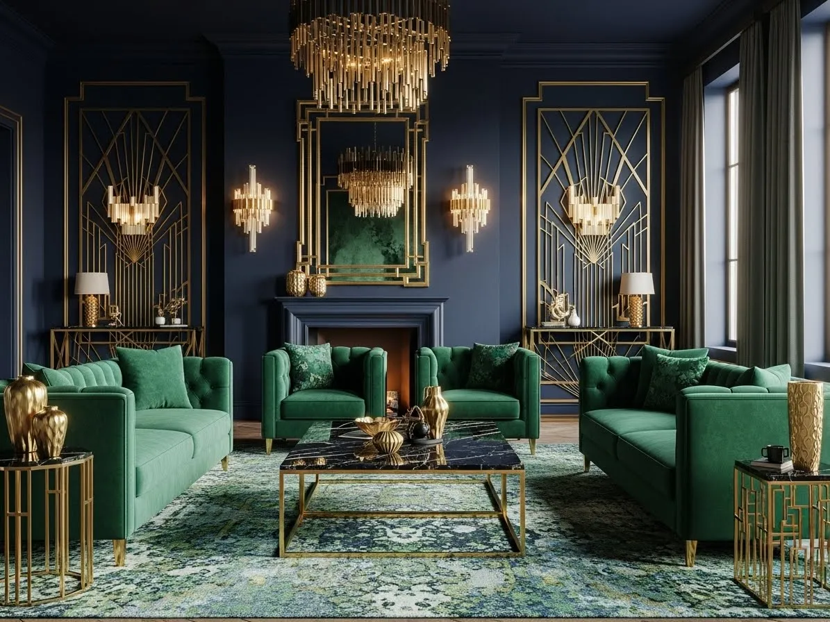 Neo deco color palette with jewel tones and metallic accents