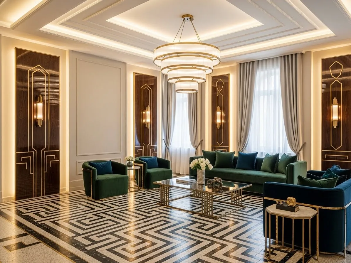Neo deco interior with bold geometric wall and floor patterns