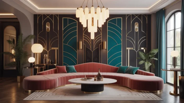 Neo deco interior design featuring modern Art Deco elements, bold geometry, and luxurious finishes