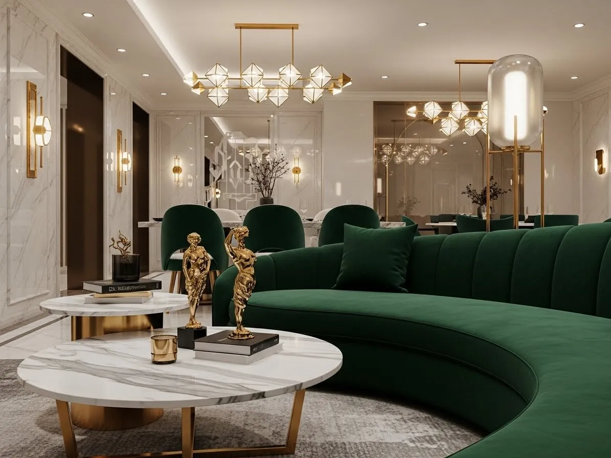 Neo deco interior with velvet, marble, and metallic finishes