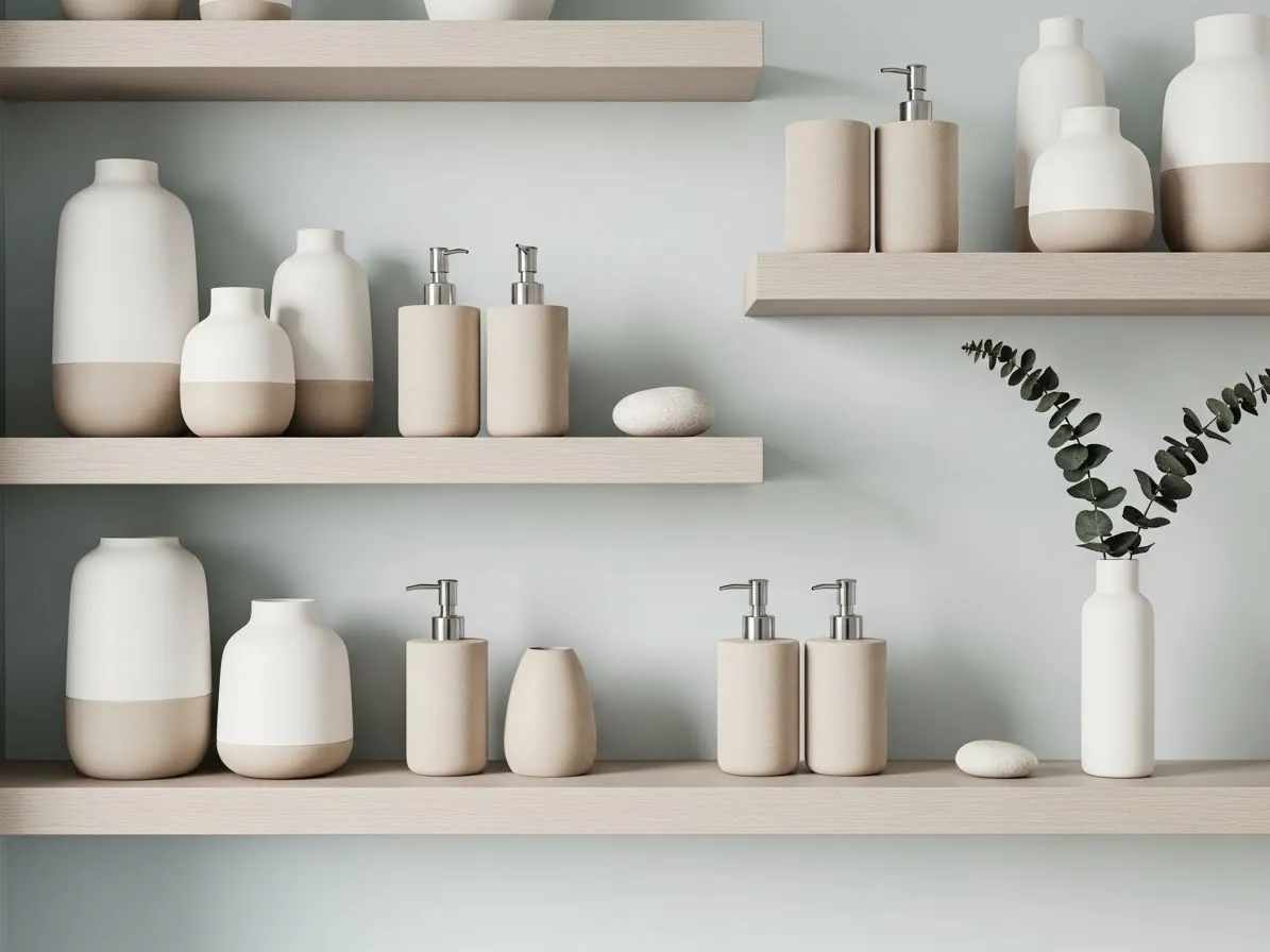 Neutral bathroom shelf decor ideas using ceramic accessories