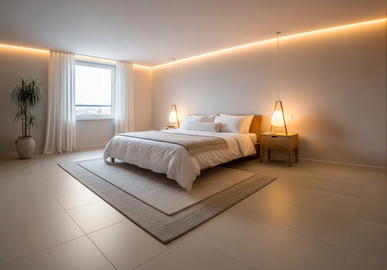 Neutral bedroom-with-tile-floor with beige tiles, cozy rug, and warm modern decor