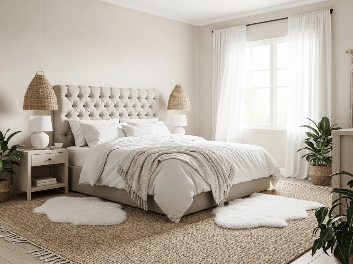 “Neutral boho coastal bedroom with layered textures and natural woven lighting”