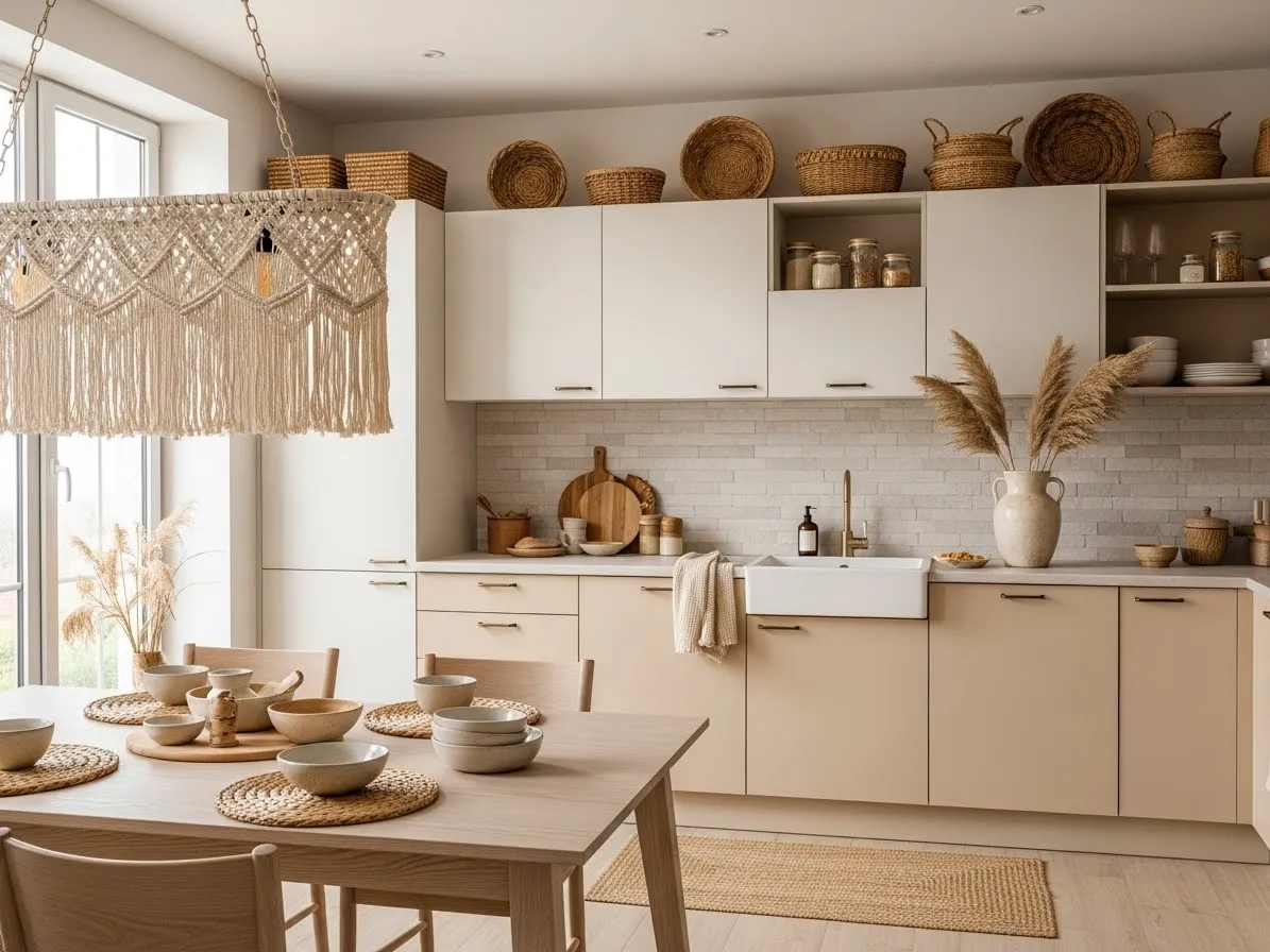 Neutral boho kitchen ideas with natural wood accents and a warm, calming color palette.