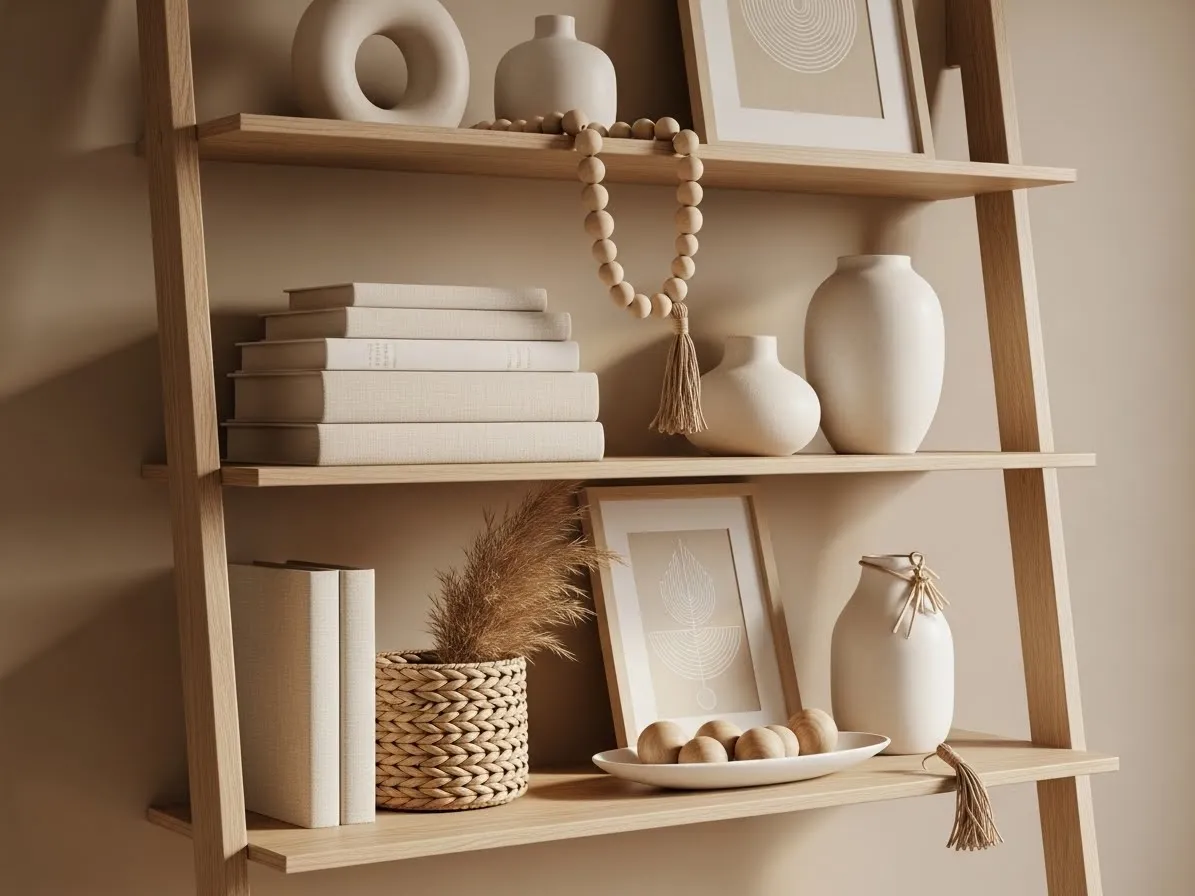 Neutral ladder shelf decor ideas for a calming look