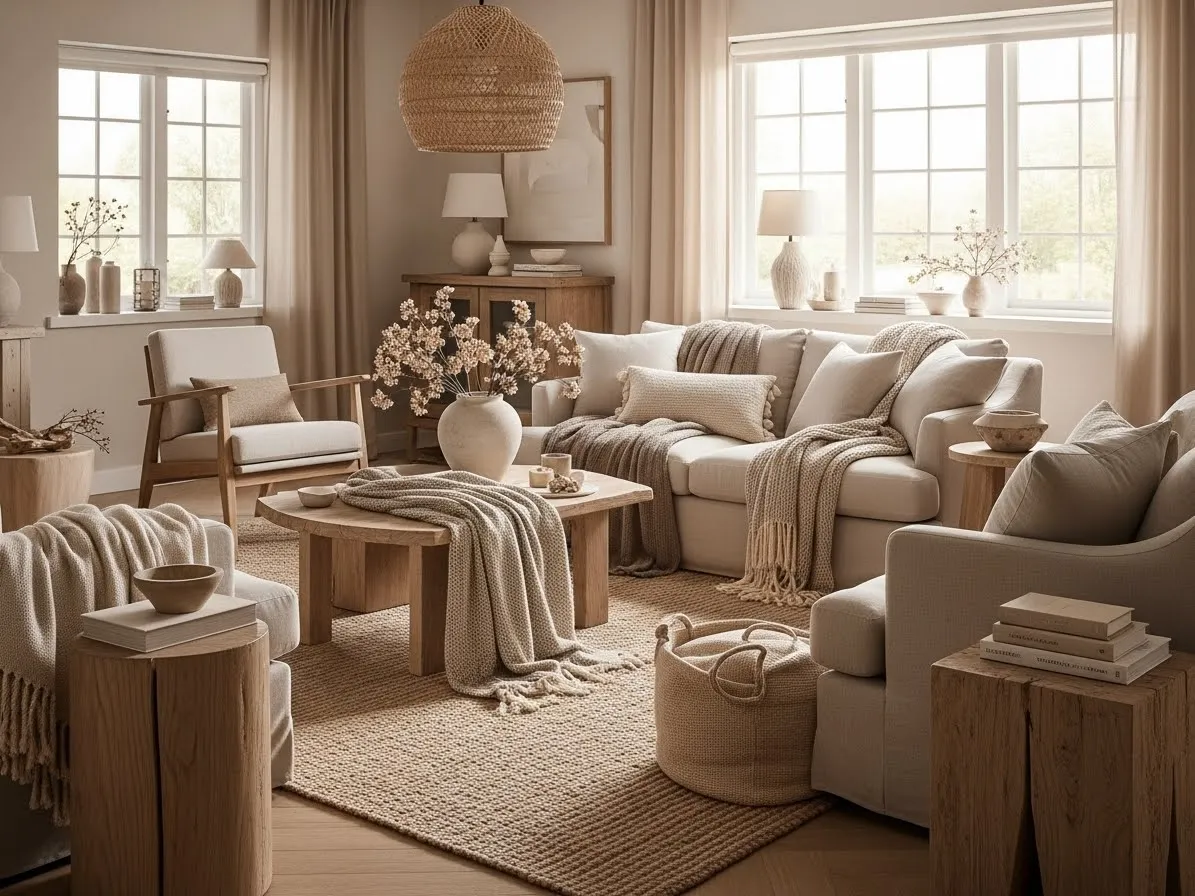 Neutral living room interior with beige tones, layered textures, cozy furniture, and warm natural light.