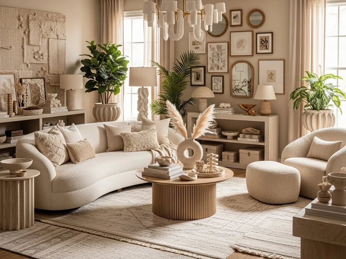 Neutral maximalist living room with layered textures and subtle patterns