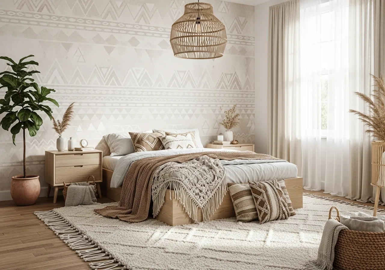 Boho bedroom with neutral tribal wallpaper and natural textures