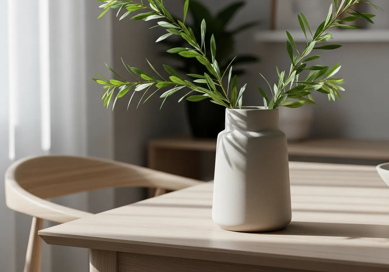 Neutral vase with spring stems creating a light and fresh home look