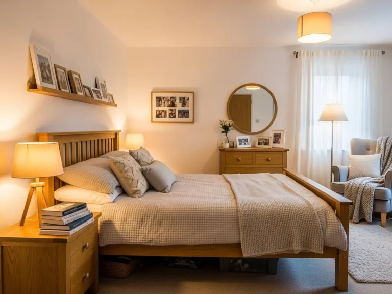 Oak and white bedroom with natural wood bed, white bedding, soft lighting, and modern Scandinavian design