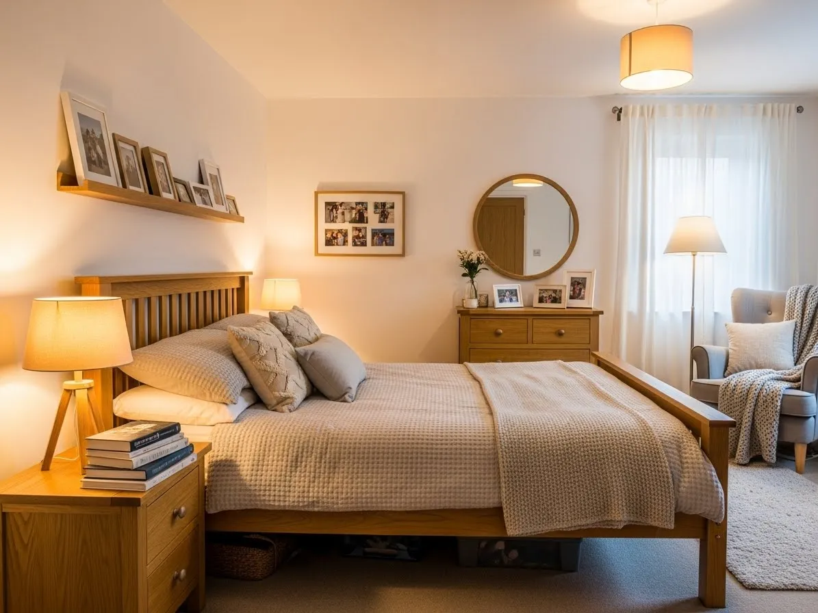 Oak and white bedroom with natural wood bed, white bedding, soft lighting, and modern Scandinavian design