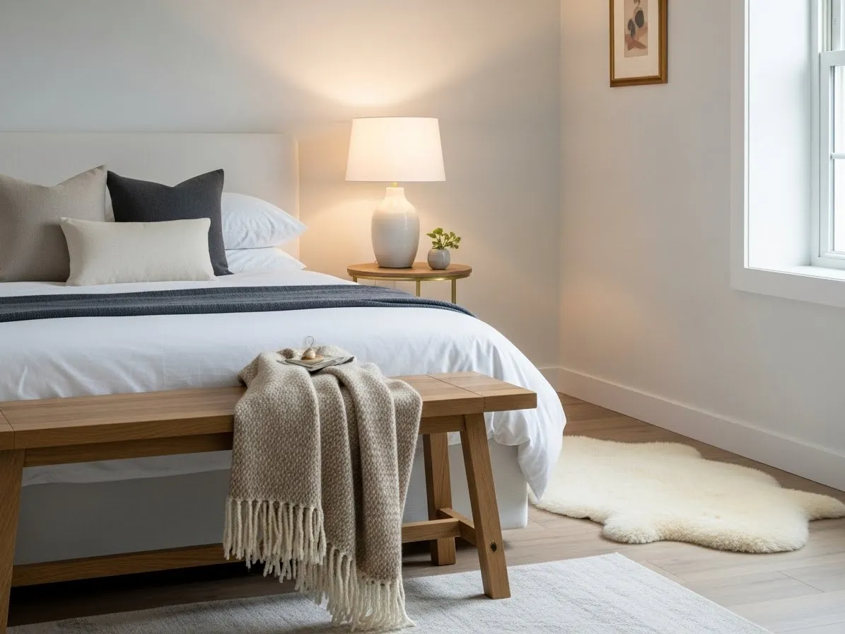 Oak bench at the foot of a white bed in a cozy bedroom