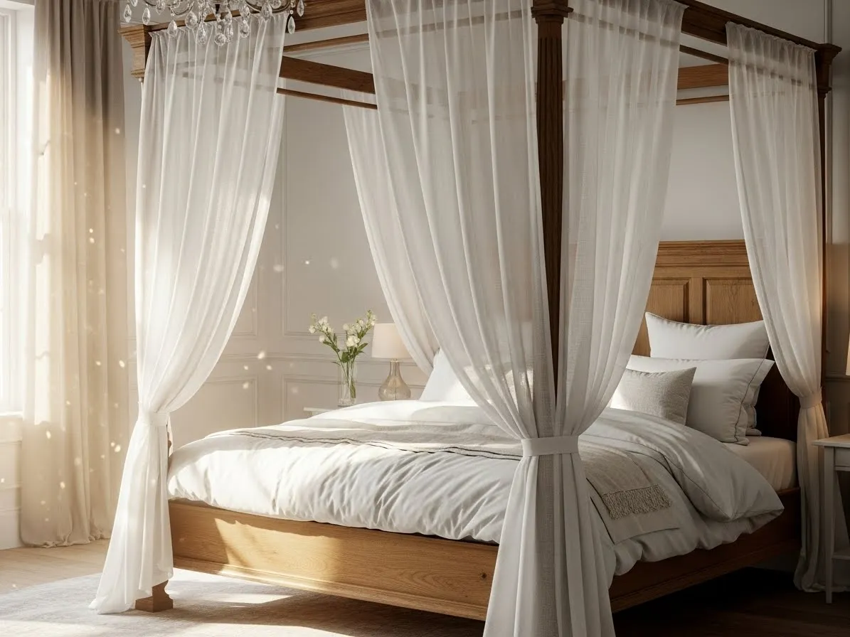 Oak canopy bed styled with white linen curtains and soft bedding