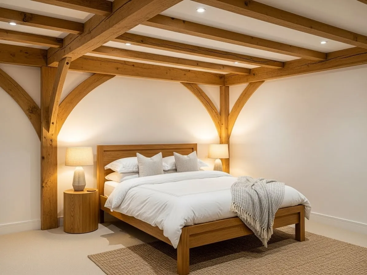 Oak ceiling beams paired with white bedroom décor
