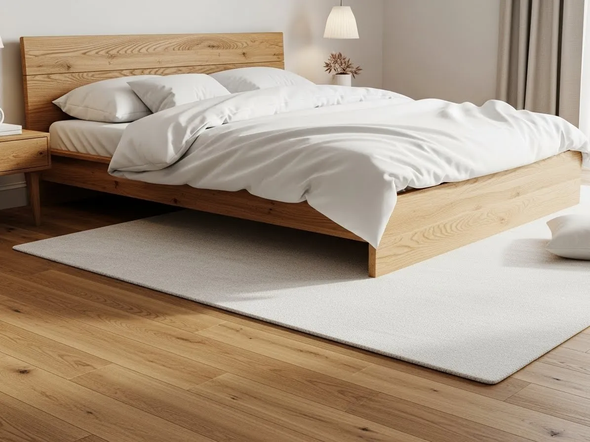 Oak flooring paired with a white rug in a cozy bedroom
