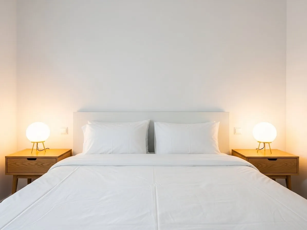 Oak nightstands paired with white walls in a cozy bedroom