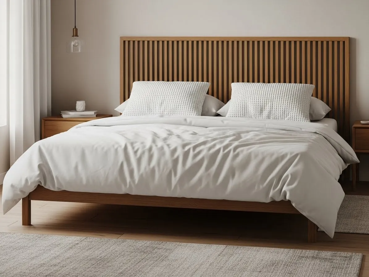 Oak slatted headboard paired with white bedding in a calm modern bedroom