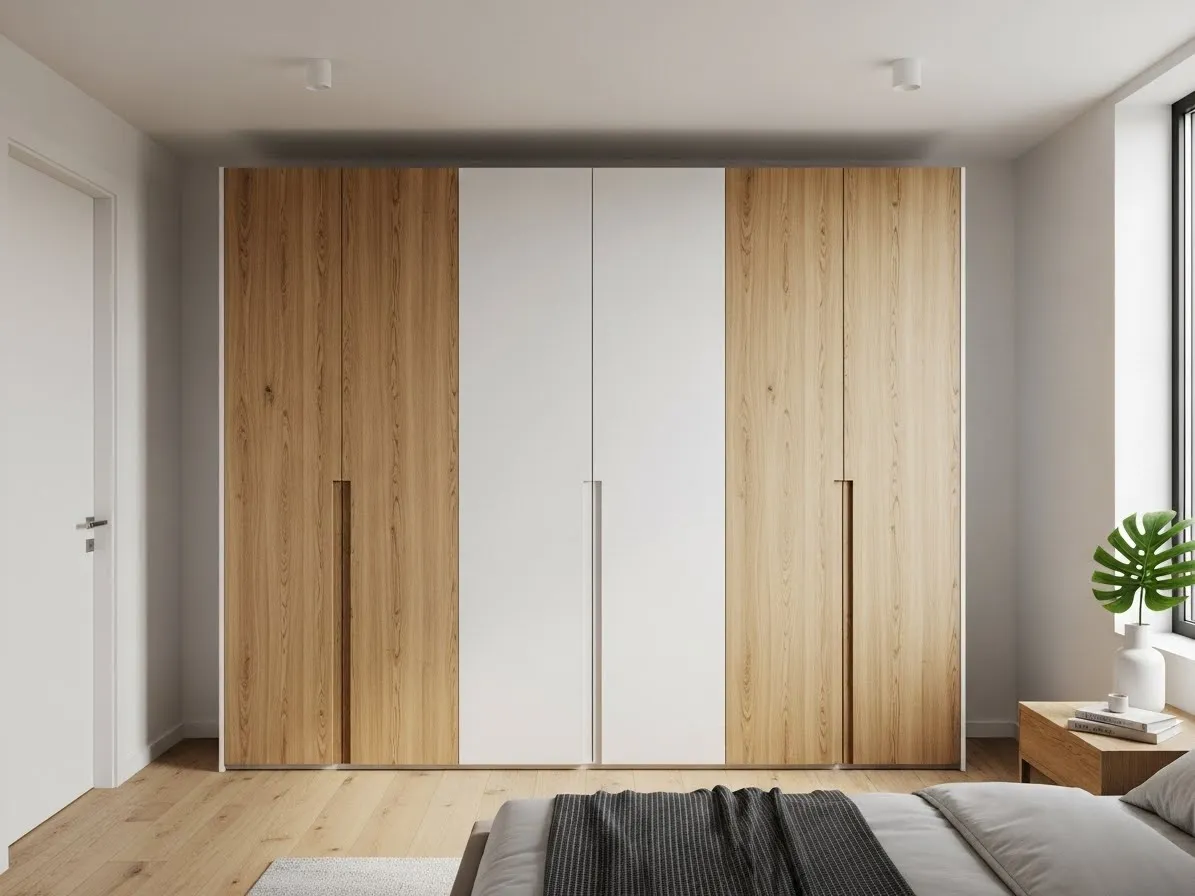 Oak wardrobe with white doors in a modern bedroom