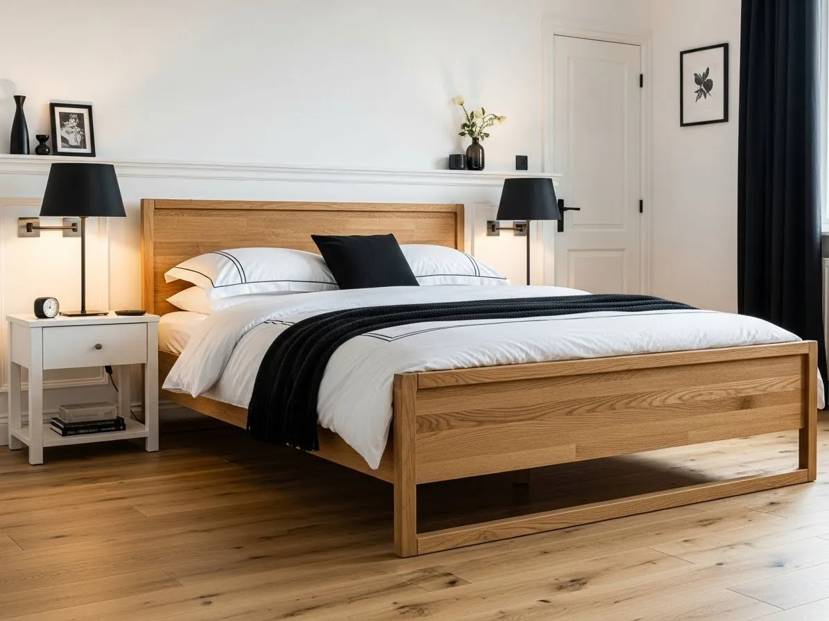 Oak and white bedroom styled with subtle black accents