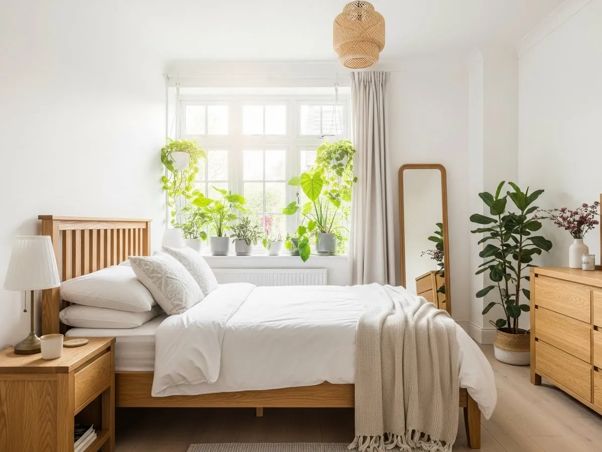 Oak and white bedroom with indoor plants and natural light