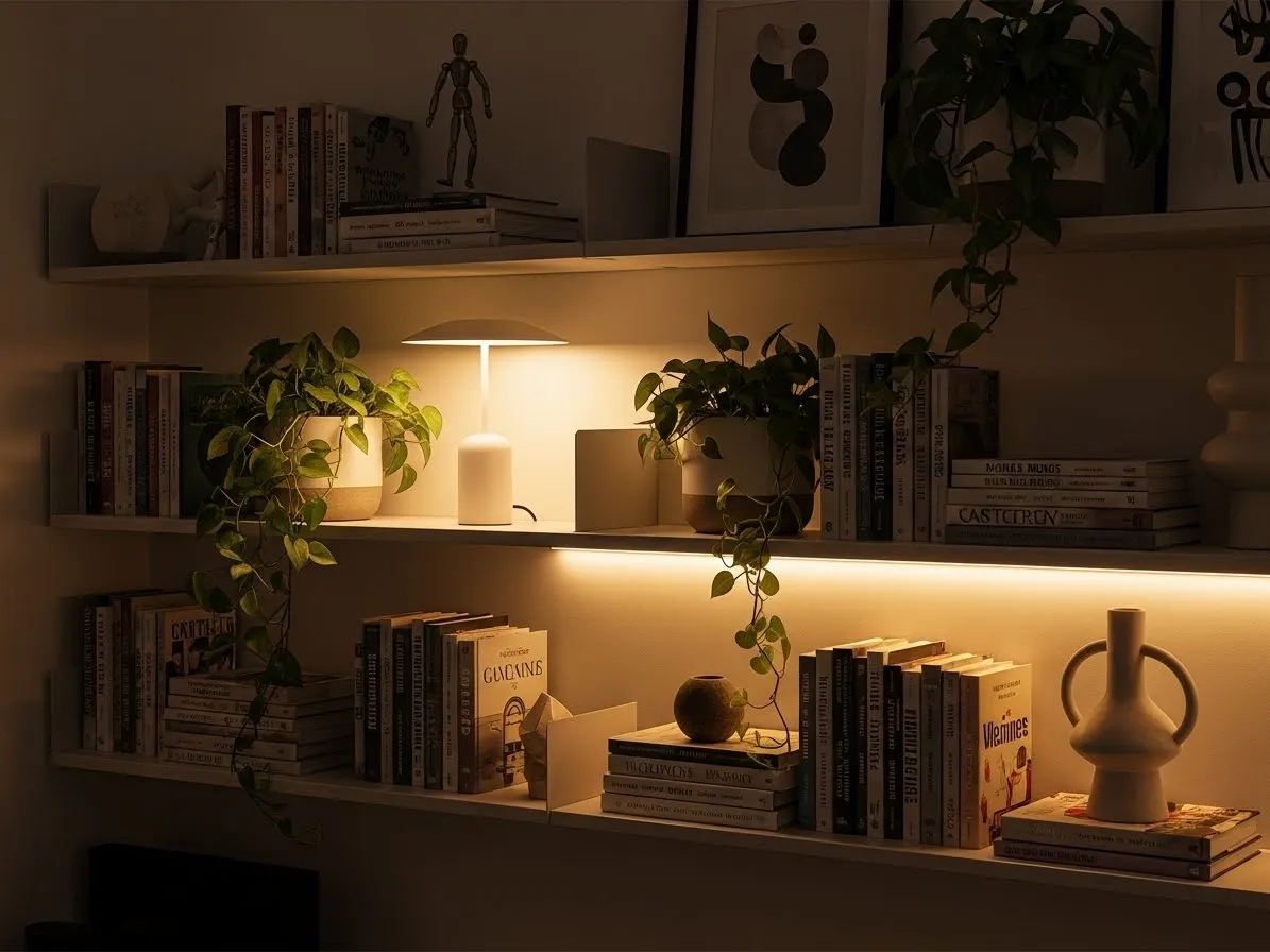 Office shelf styled with warm accent lighting, books, and plants.