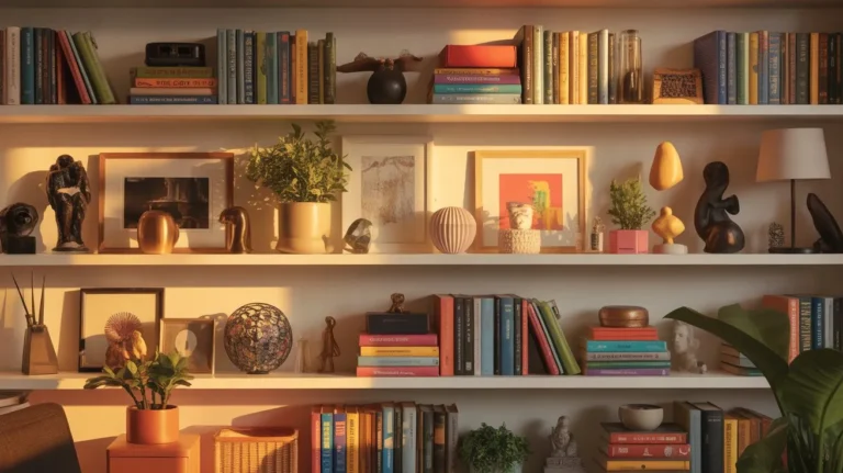 Vibrant office shelf decorated with colorful books, plants, artwork, decorative boxes, and personal collectibles in a stylish modern workspace.Vibrant office shelf decorated with colorful books, plants, artwork, decorative boxes, and personal collectibles in a stylish modern workspace.