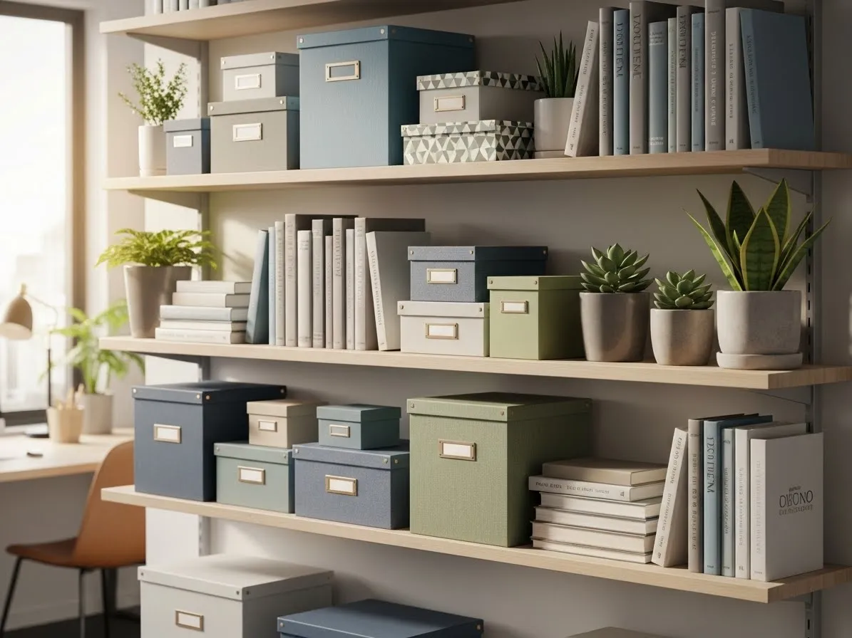 Office shelf styled with decorative boxes, books, and plants for a tidy, stylish workspace.