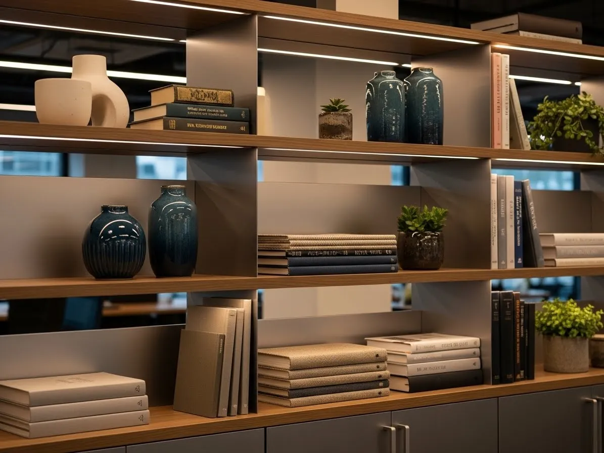 Office shelf styled with layered textures including wood, metal, ceramic, and fabric.