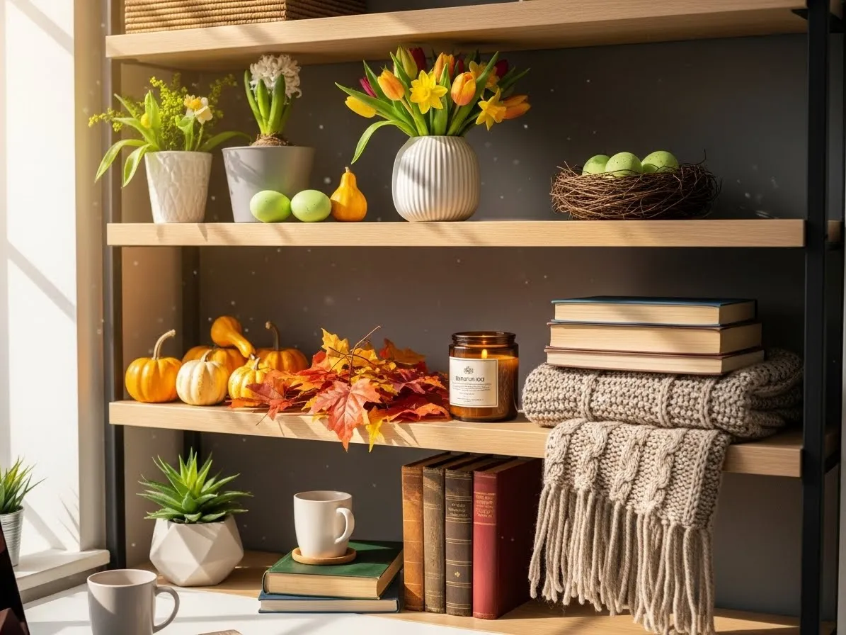 Office shelf styled with seasonal decor including plants, flowers, and cozy accents.