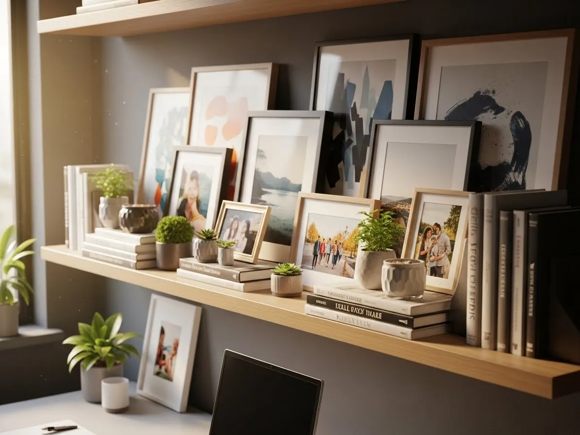 Office shelf with framed artwork, photos, books, and plants for a personalized workspace.