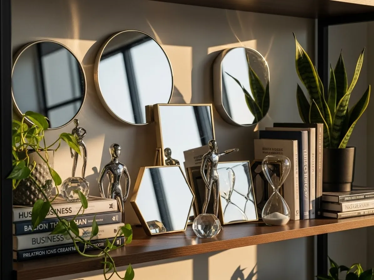 Office shelf with mirrors and reflective decor styled with books and plants.